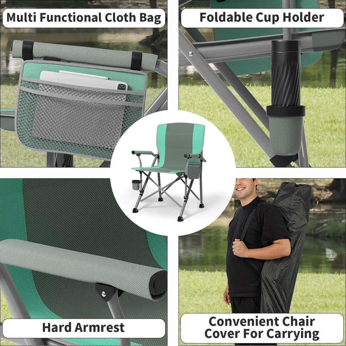 Heavy Duty Oversized Camping Chair for Adults with Side Pockets, Foldable for Outdoor Camping Fishing Beach Hiking