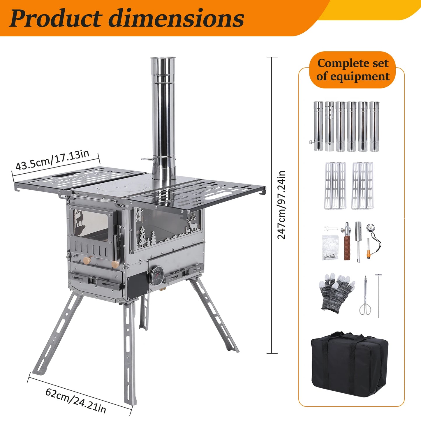 Portable Stoves with Oven & Camping Table with Chimney Pipe Hot Tent Stove Stainless Steel for Heating Cooking Hunting