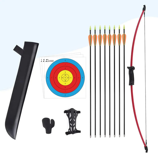 Recurve Bow and Arrow Set Outdoor Junior Archery Beginner Training Includes 8 Arrows, Armguard, Quiver, Target Face, Finger Tab