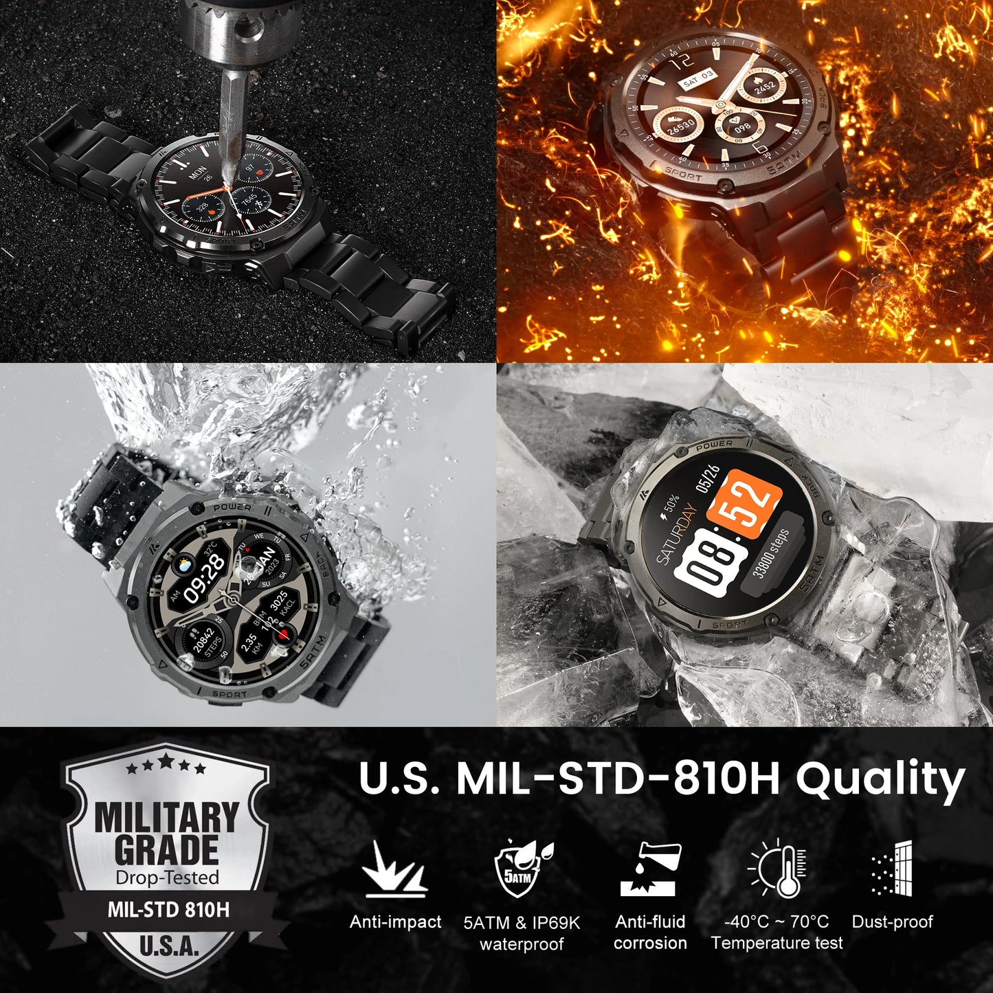 GPS Smart Watch For Men Compass Altimeter Altitude Stainless Steel Shell 5ATM IP69K Waterproof 470mAh AMOLED Watches