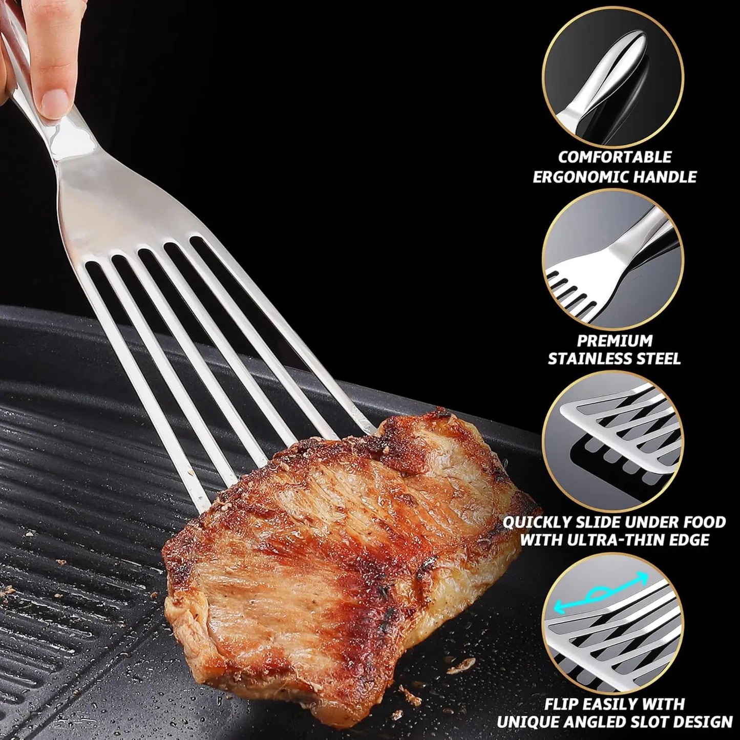 1 large fish Turner spatula + 1 small skillet spatula, kitchen metal spatula, slotted spatula, thin-sided frying knife