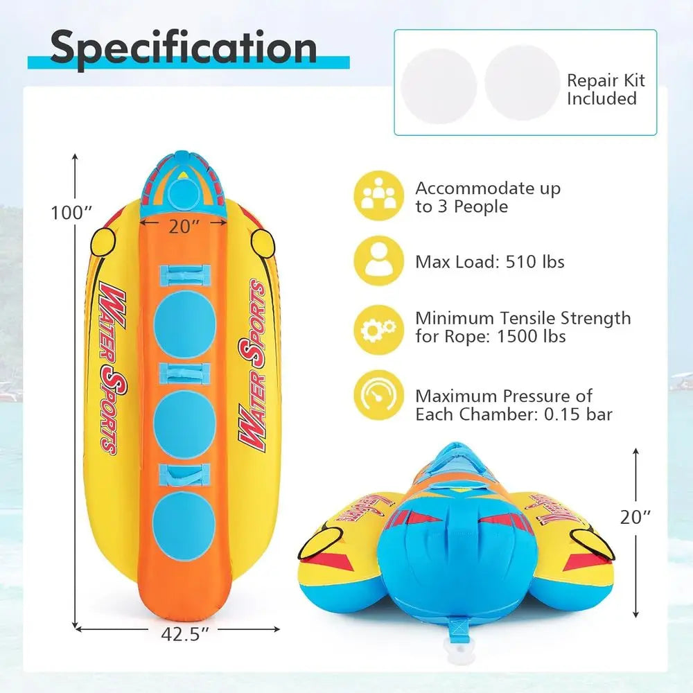 Towable Tubes for 1-3 Riders, Inflatable Hot Dog or Banana Boat with Cushioned Seats for Water Sports