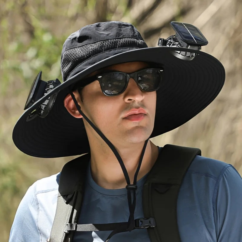 Solar-Powered Dual-Fan Cooling Sun Hat—Unisex Outdoor Wide-Brimmed Fisherman's Hat with UV Protection. Breathable Mesh Fabric Prevents Sweat Buildup. Ideal for Hiking, Fishing, Camping, and Cycling. Cool Hat for Summer Outd