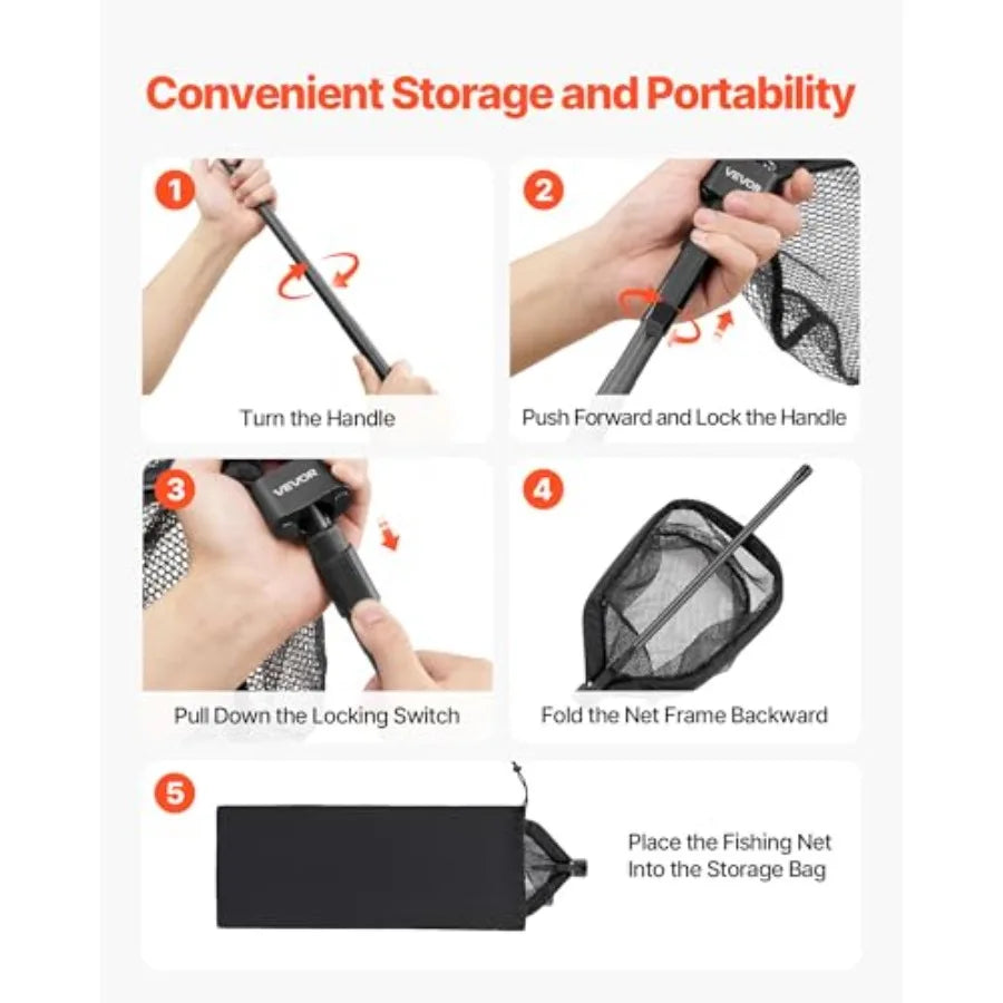 Fishing Net Foldable Landing Nets with Telescopic Handle Portable Lightweight Carbon Fiber Long Fish Gear Nylon Covered PVC Dur