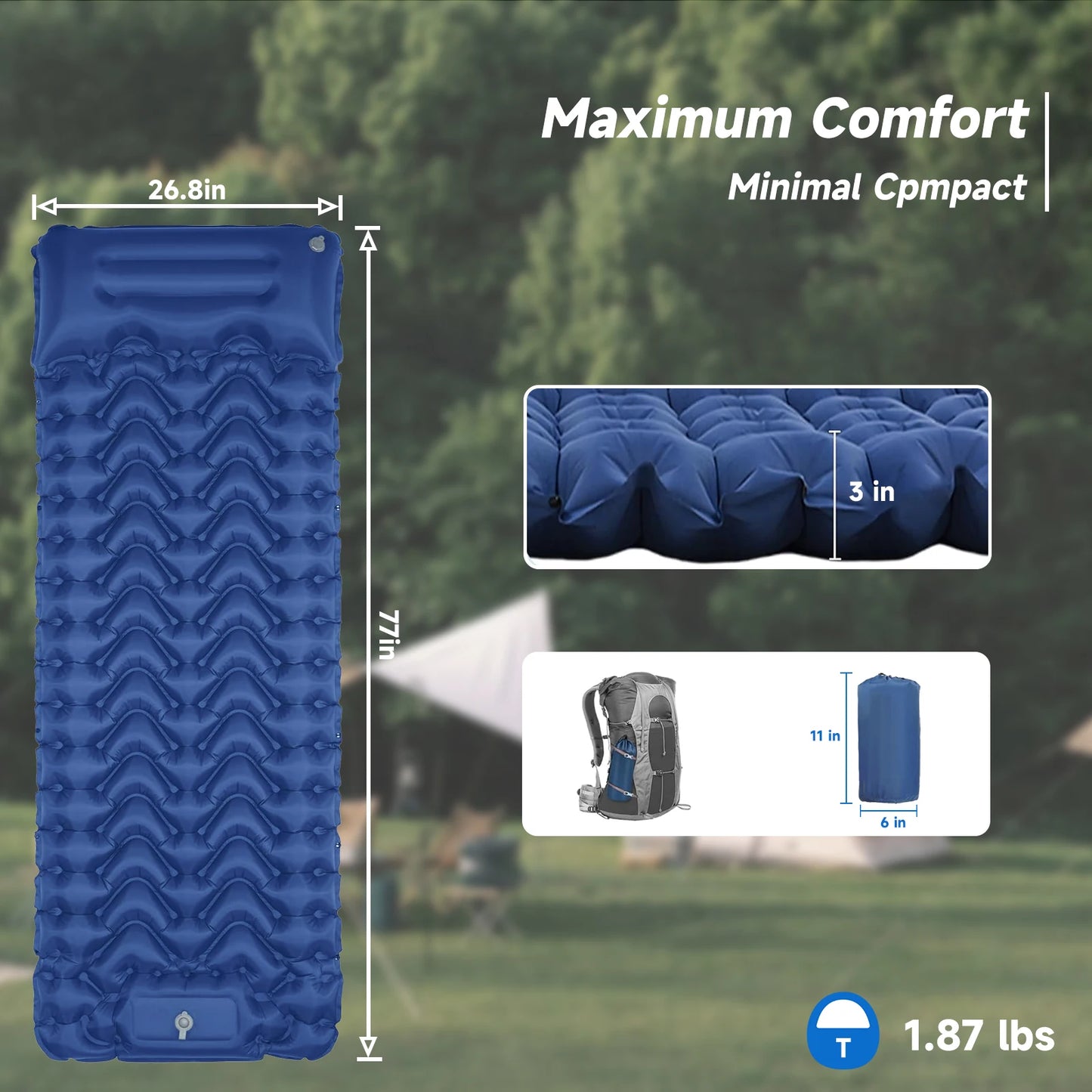 Sleeping Pad, Ultralight Inflatable Sleeping Pad with Pillow Built-in Foot Pump Compact Camping Air Mattress