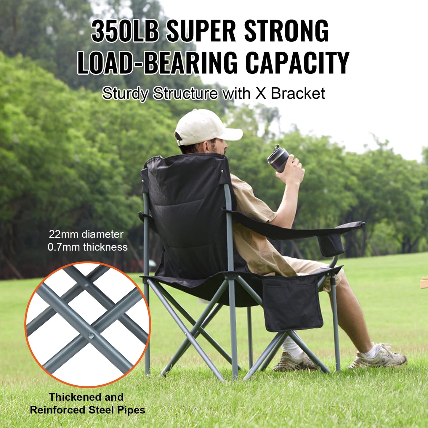 Camping Folding Chair for Adults Portable Quad Lumbar Back Padded Arm Chairs with Side Pockets for Beach, Lawn, Picnic