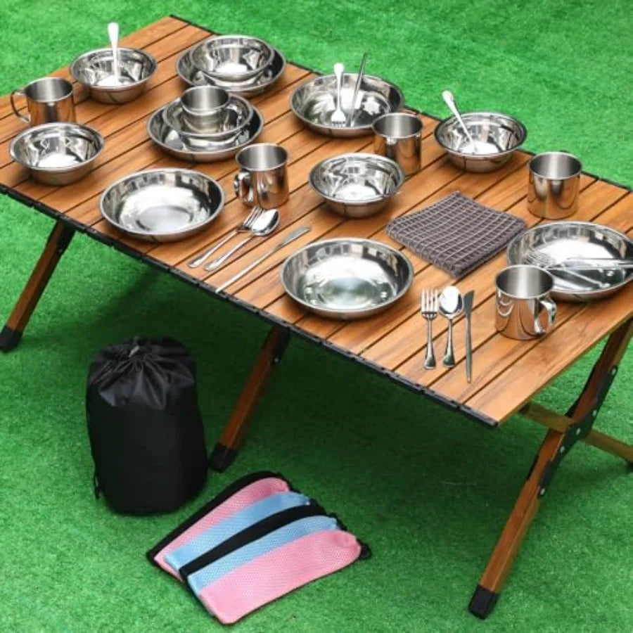 Outdoor Camping Cookware Mess Kit Polished Stainless Steel Dishes Camping Utensils Portable Tableware with Plates Cups Spoons F