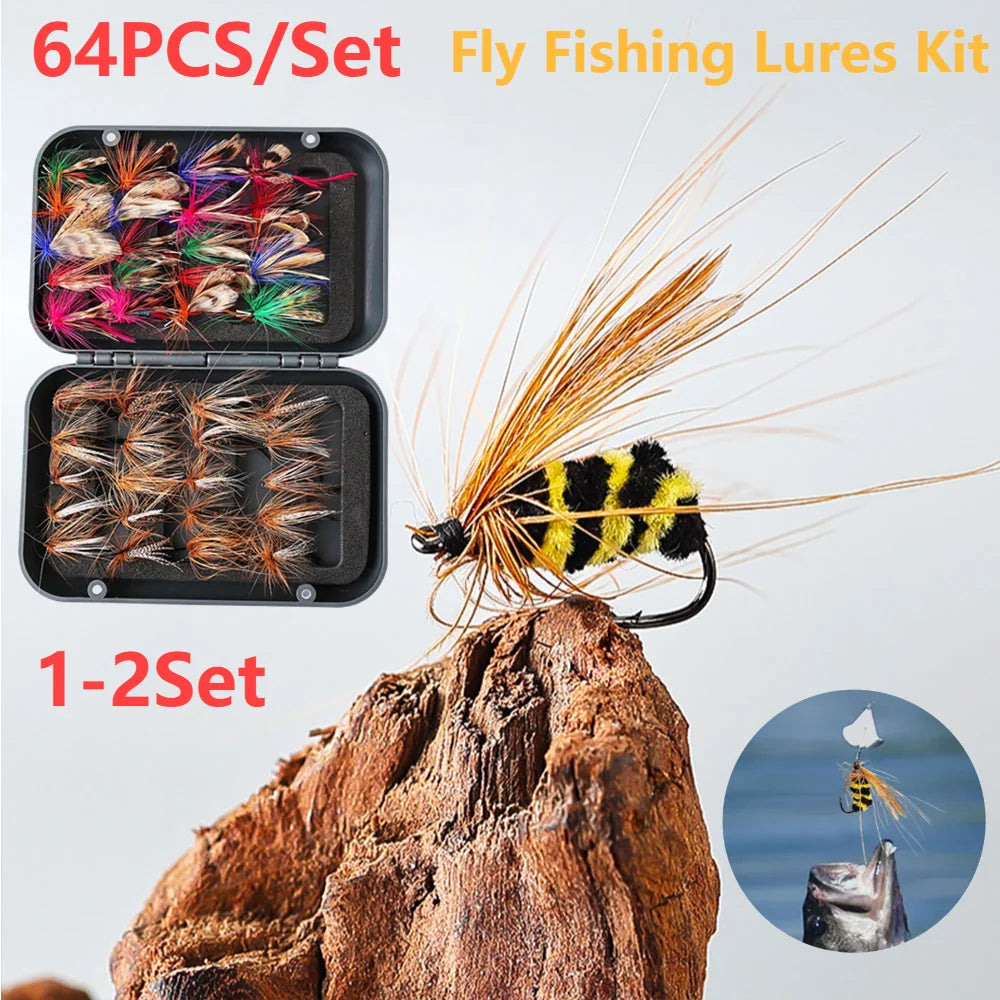 64Pcs/Set Insects Flies Fly Fishing Lures Dragonfly Topwater Bait Dry Flies Trout Artificial Caddisfly Dries Bait for Trout Carp