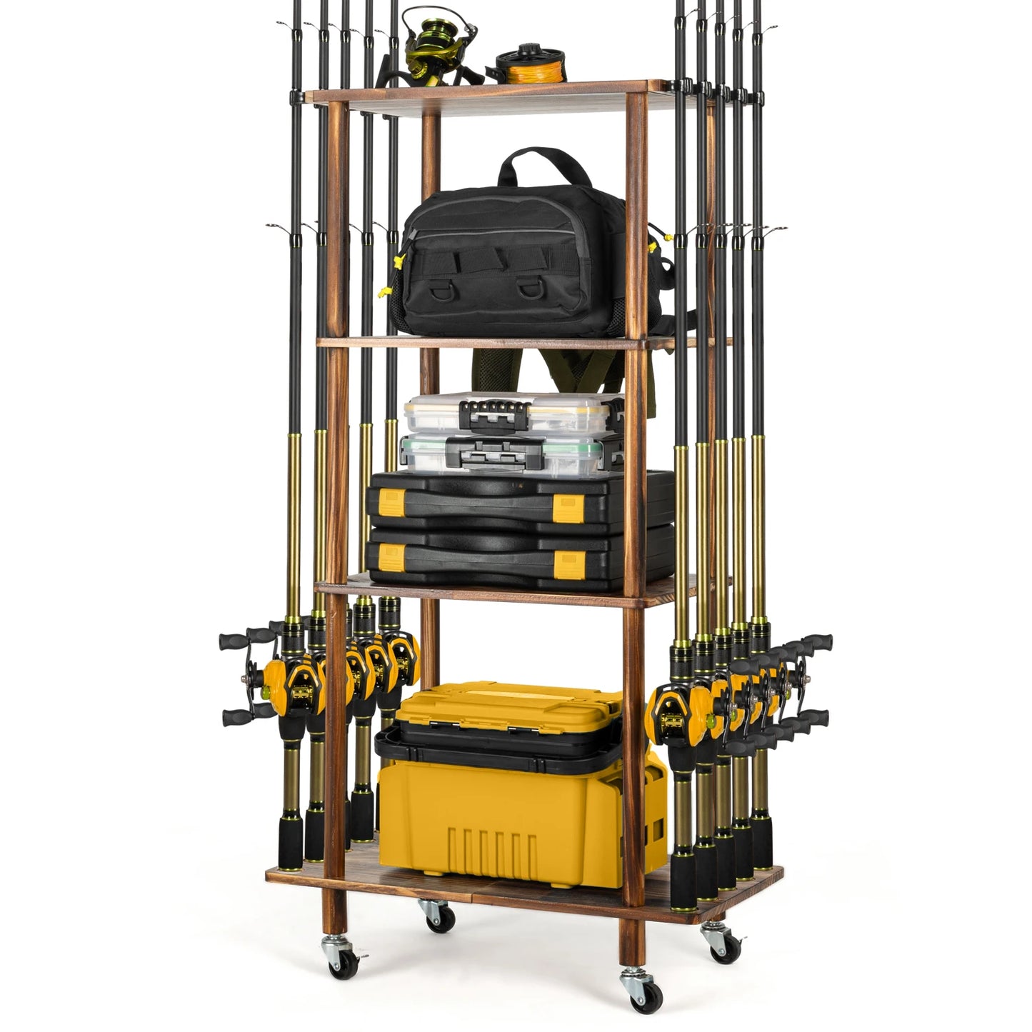 Fishing 10 Rods Rack 3 Tier Fishing Storage Rack, Space-Saving Fishing Rod Holders for Garage, Fishing Gear Tackle Box Fishing E
