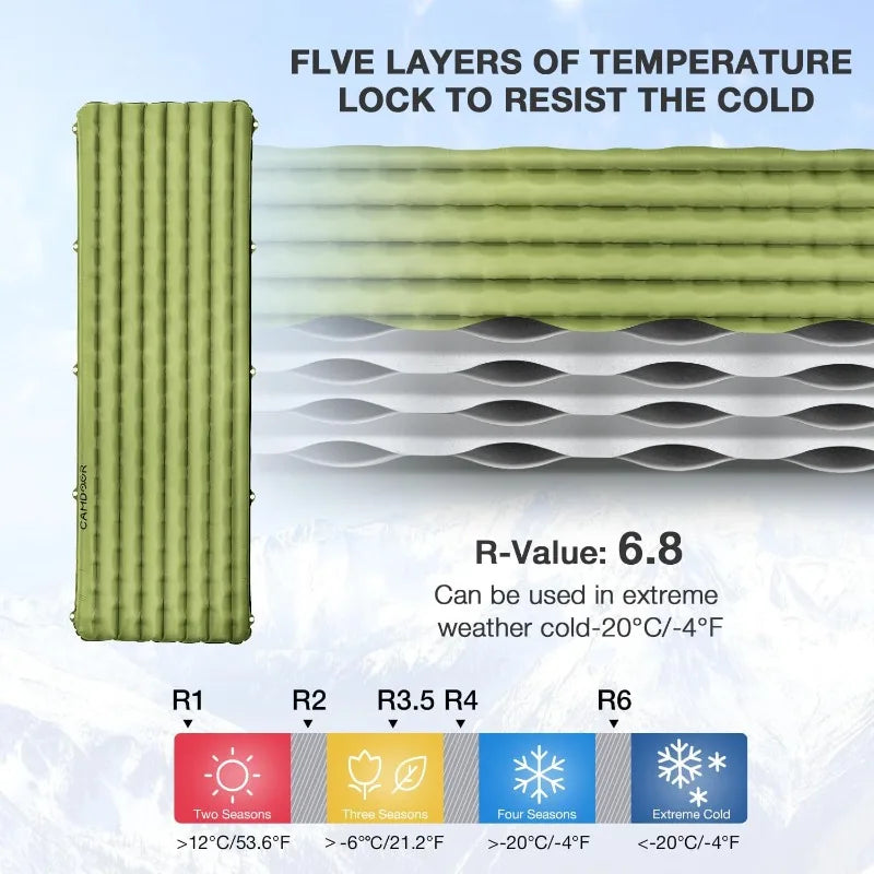 Ultra-light sleeping mat, warm 6.8r value insulated camping mattress, hiking, backpack, outdoor with inflatable bag