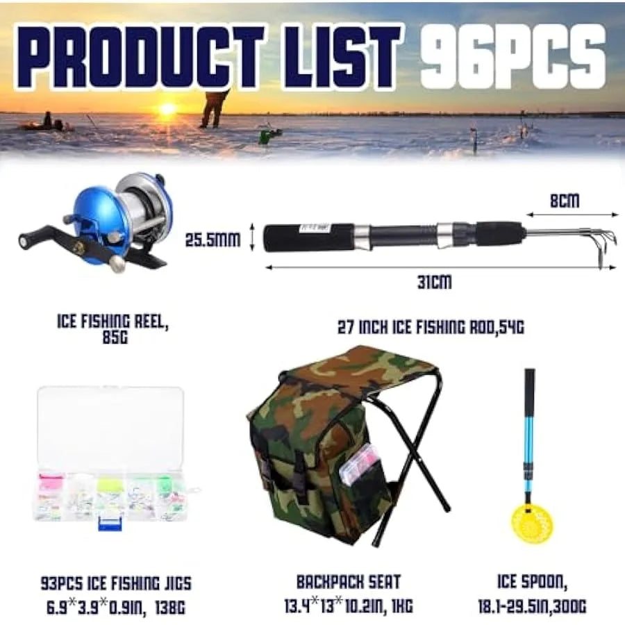 Ice Fishing Rod and Reel Combo Ice Fishing Gear with Folding Backpack Chair Ice Fishing Pole Ice Scoop Ice Fishing Jigs