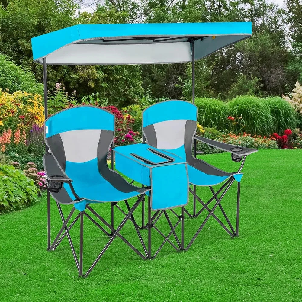 Double Camping Chair with Canopy, 2 Person Folding Beach Chair with Canopy Shade, Table Beverage Holder and Storage Bag, Double