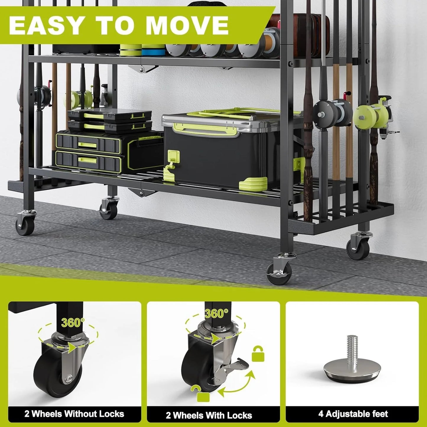 Garage fishing rod rack, fishing rod rack with wheels and pegboard, perfect for storing fishing tackle, backpacks and equipment