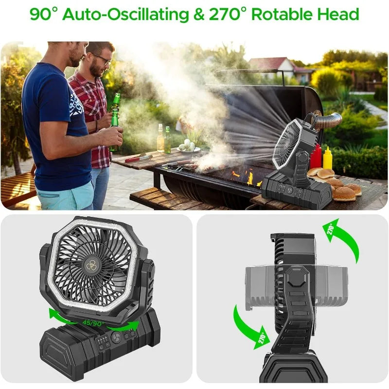 Camping Fan with LED Lantern, 20000mAh Auto-Oscillating Battery Operated Desk Fan with Remote&Hook, 8” Portable Fan