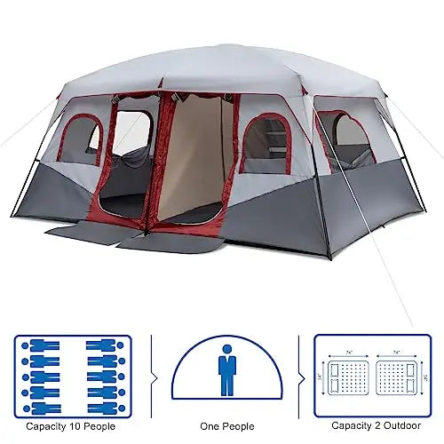 10-Person Waterproof Windproof Camping Tent With Two Doors And Separate Rooms