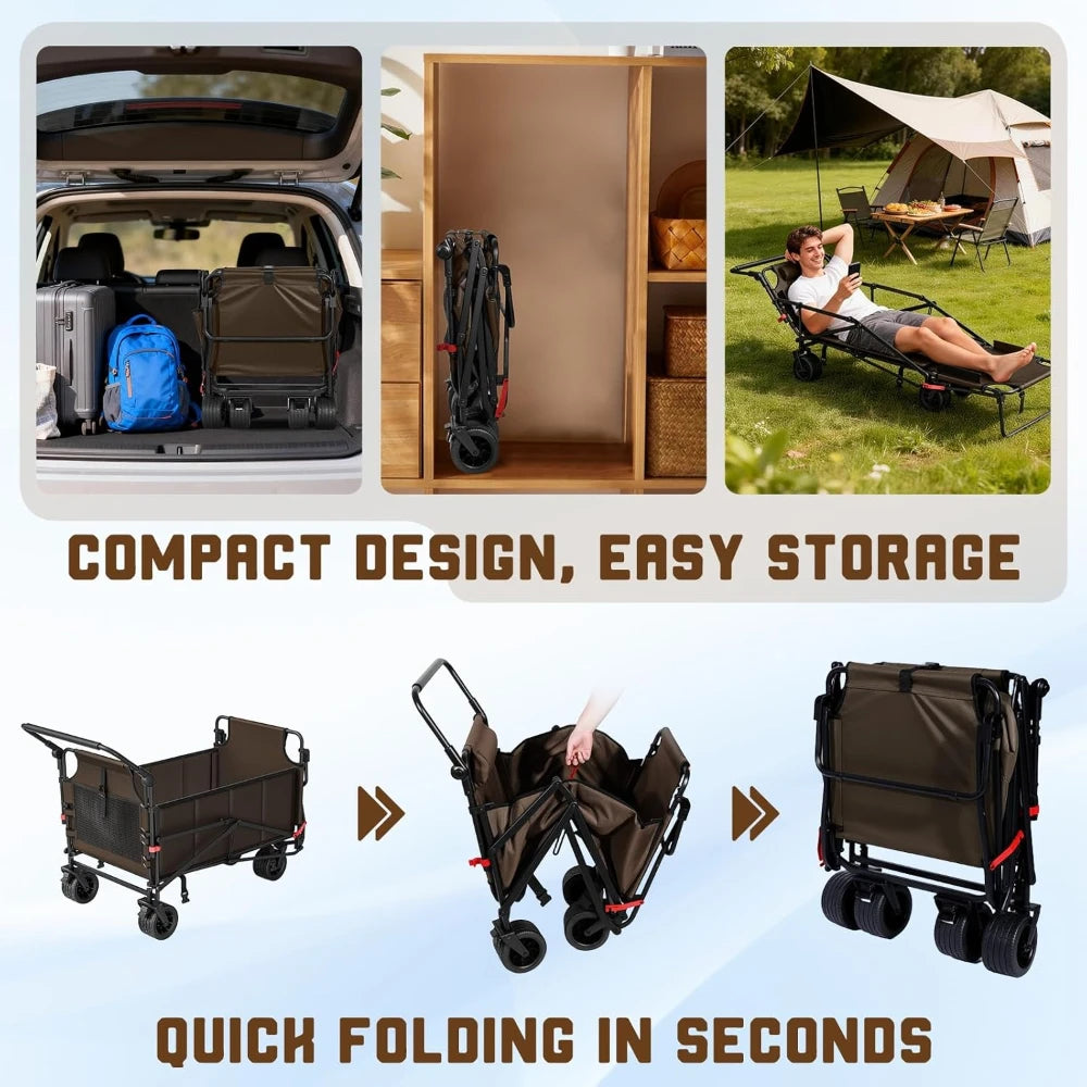 Heavy Duty 2 In 1 Collapsible Folding Wagon 650LB Load All Terrain Brake Wheels Side Pockets For Outdoor Transport