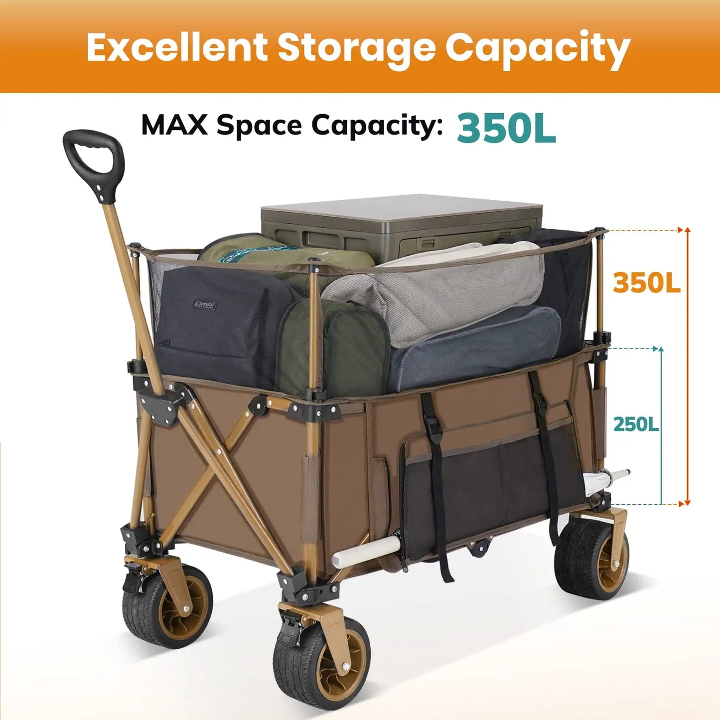 Collapsible Camping Beach Wagon, 350L Garden Cart, Heavy Duty Utility Fold Wagon with Big Wheel & Side Pickets for Garden
