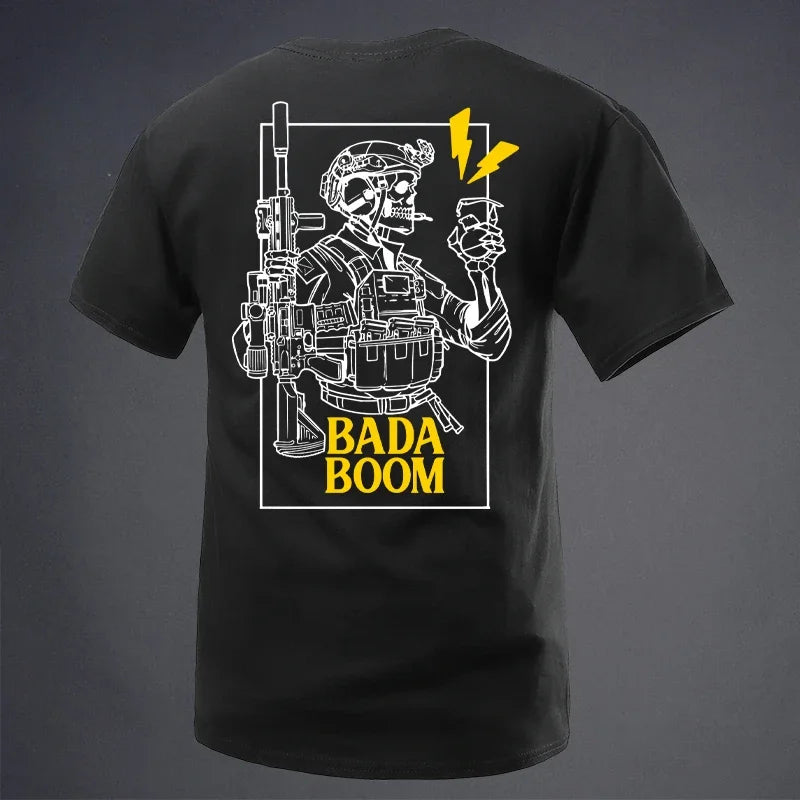2025 New Military Style T Shirt Bada Boom Skull Round Neck Short Sleeve Tough Guy Clothing Summer Tactical Streetwear Top