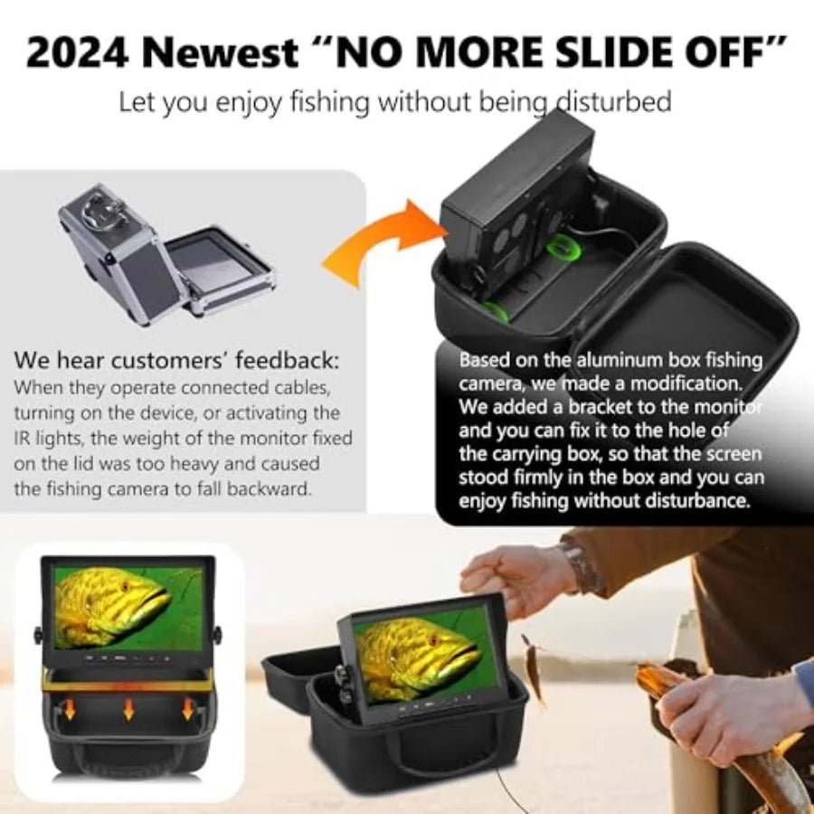 Underwater Fishing Camera for Ice Fishing: 7'' Display, 1200TVL, Black Housing with IR/LED Lights, Portable Fish Finder with Br
