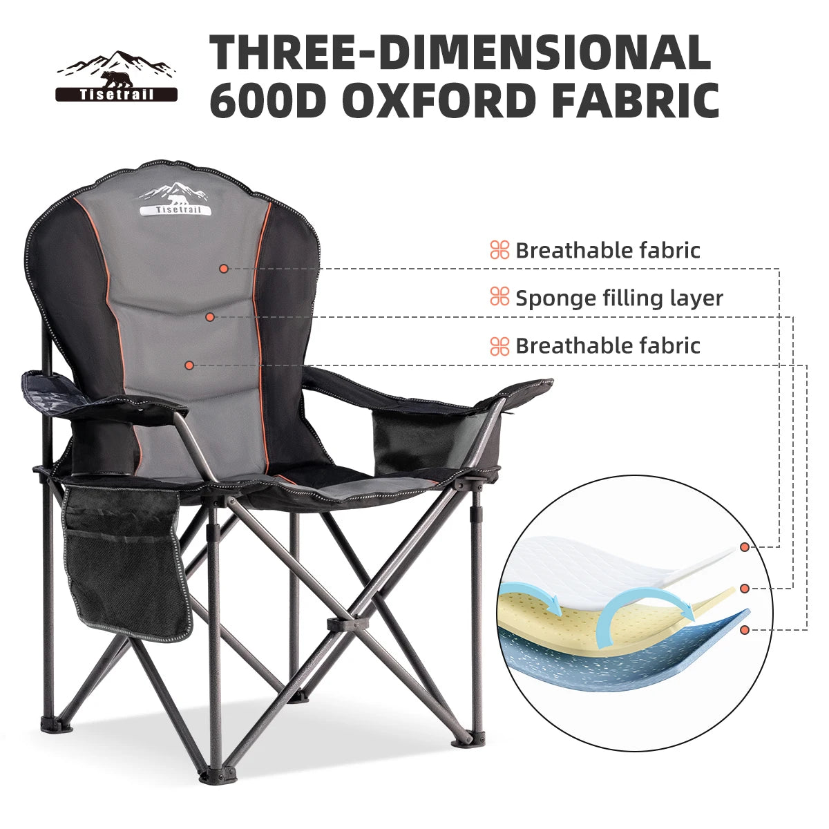 Oversized Camping Chair Folding Chair with Cooler Padded Outdoor Chairs Heavy Duty Support 500 LBS Black&Gray