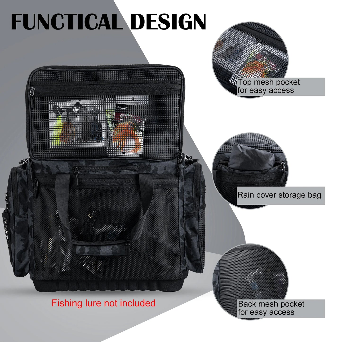 42L Fishing Tackle Bag 600D Oxford Backpack with Rod Holder EVA Waterproof Bottom for Camping Hiking Outdoor