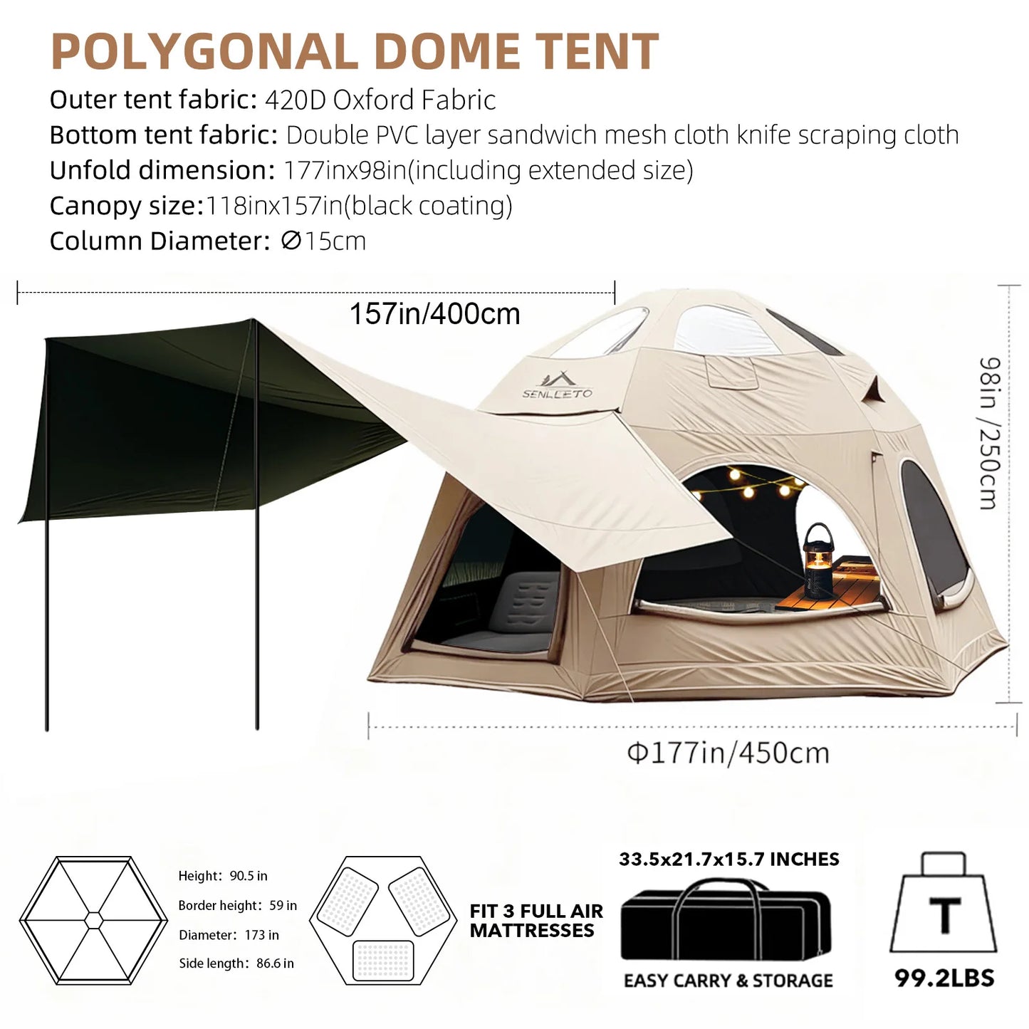 SENLEETO Inflatable Tent Glamping Dome Tent 420D Oxford Large Family Camping Tent with Rainfly Extension All Around View Luxury Outdoor House Tent
