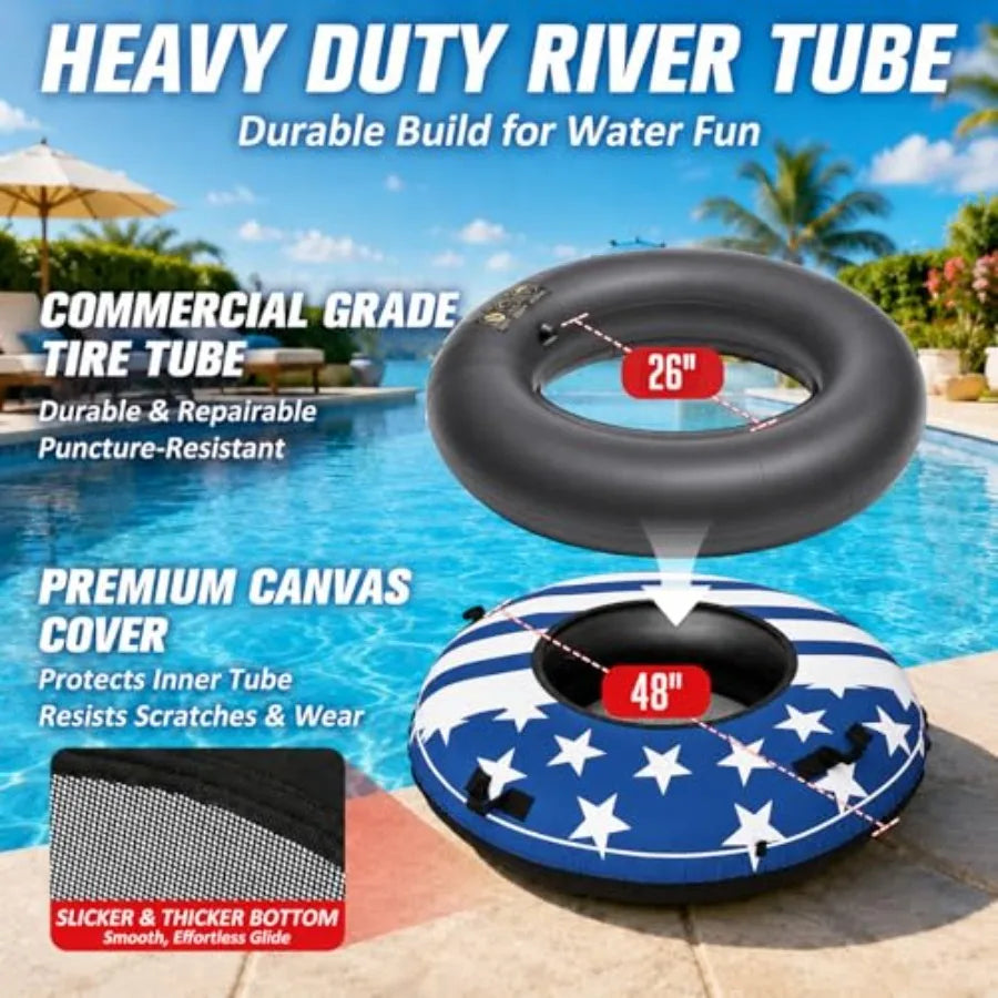 River Tube for adults lake pool floating, heavy duty rubber with commercial grade inner tube, premium canvas cover, removable c