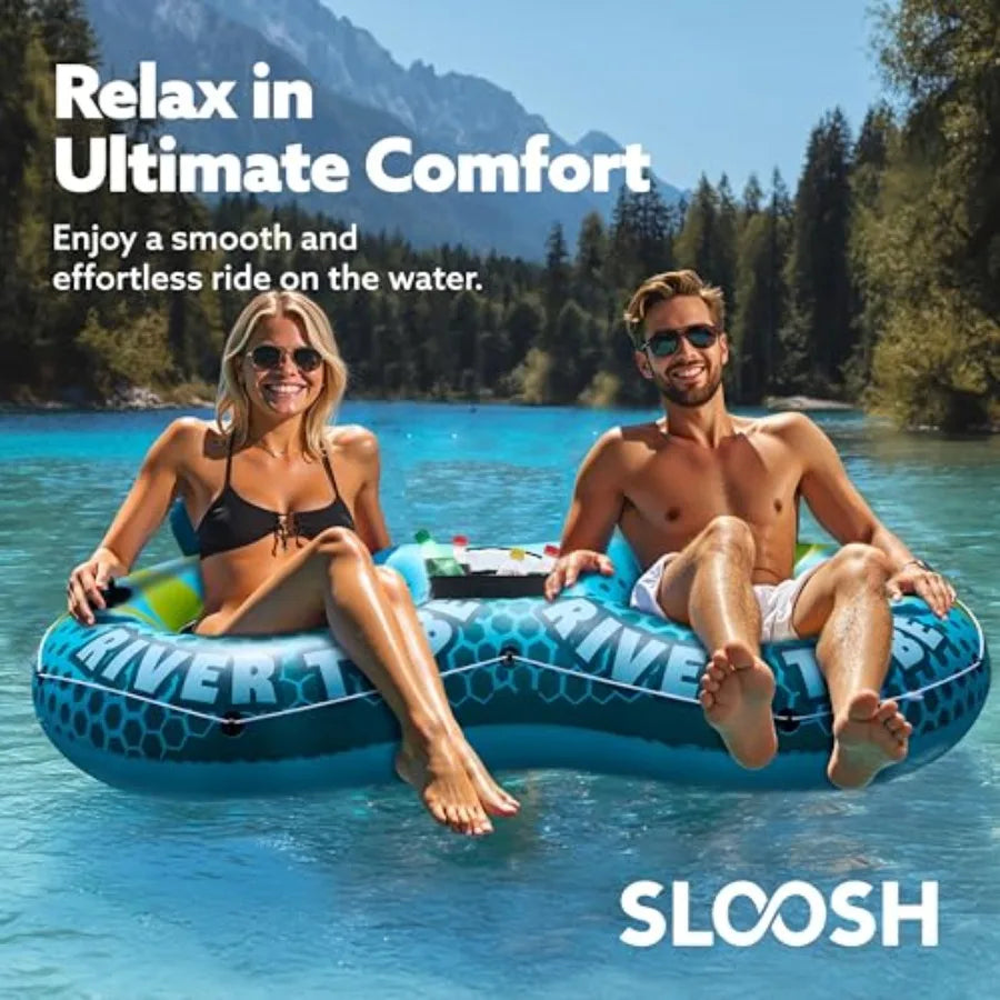 2-Person Inflatable River Tube for river rafting heavy-duty PVC blue extra-large size with 2 cup holders and removable cooler