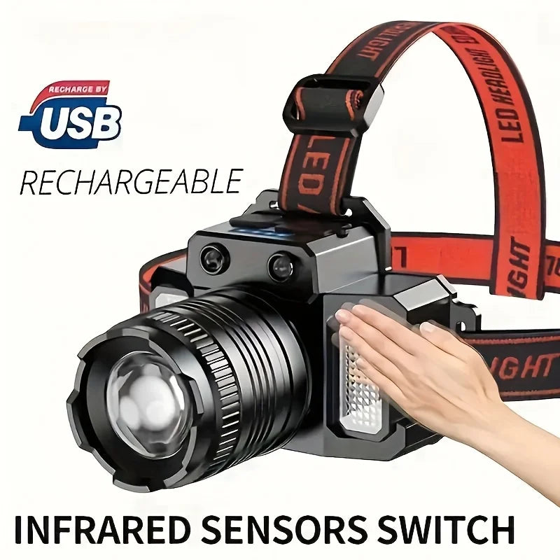 LED Headlamp Induction Head Lamp Built-in Battery USB Rechargeable Head Flashlight Outdoor Camping Fishing Sensor Headlight