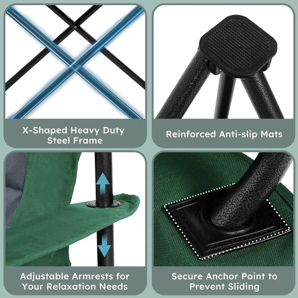 Double Pack Heavy Duty Camping Chairs - 450lbs Capacity, Portable Collapsible with Carry Bag, Cooler & Cup Holder, Ideal for Out
