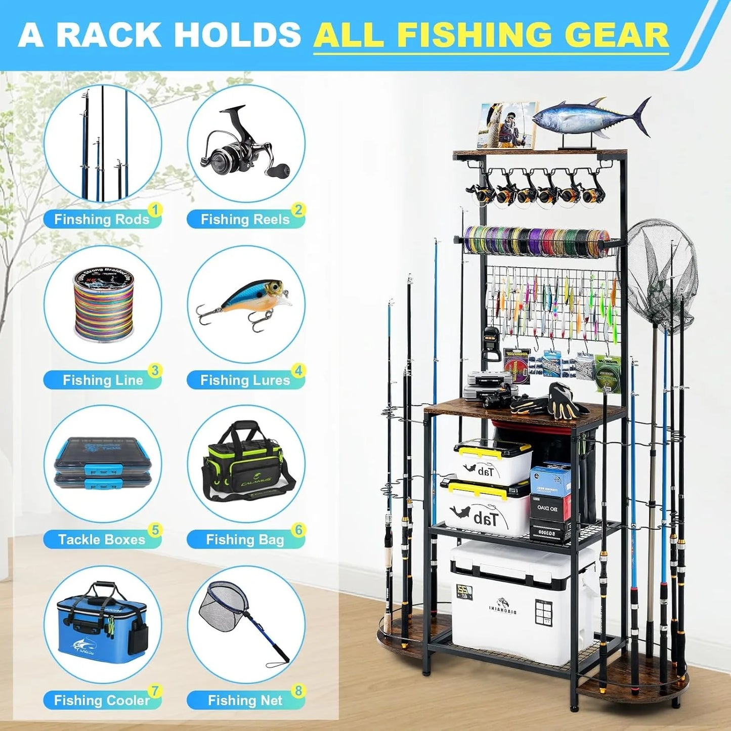 Fishing rod rack, large capacity fishing rod rack, can accommodate 24 fishing rods, fishing rod and fishing gear storage rack