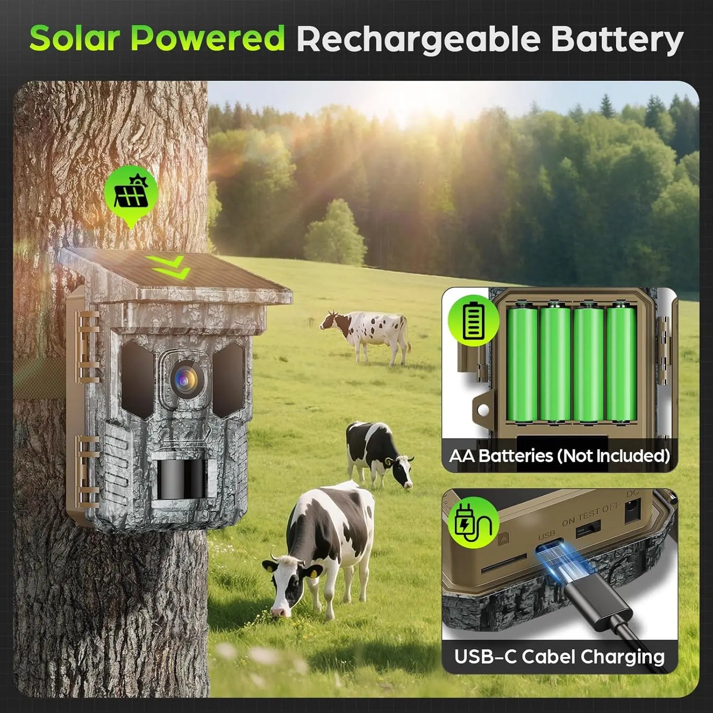 Rechargeable 4K 64MP Trail Cam with Night Vision Motion Activated Waterproof IP66, 0.1s Trigger Game Cam with 850nm Low Glow