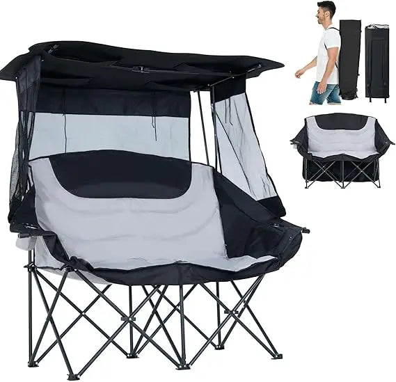 Double Beach Chair with Canopy Shade, Oversized Folding Loveseat with Cup Holder & Side Pocket for Camping, Beach, Lawn, Fishin