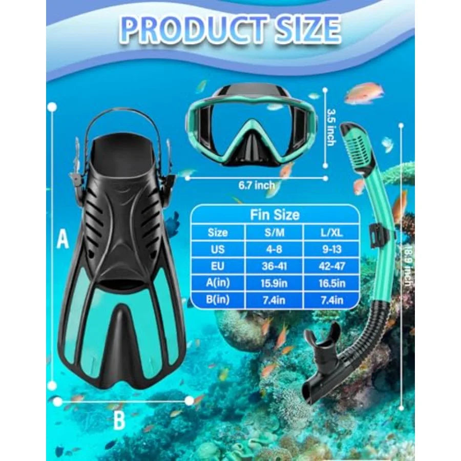3 Window Snorkeling Gear for Adults, 4 in 1 Snorkel Mask Fins Set with Snorkel Mask, Dry Top Snorkel, Adjustable Short Fins and