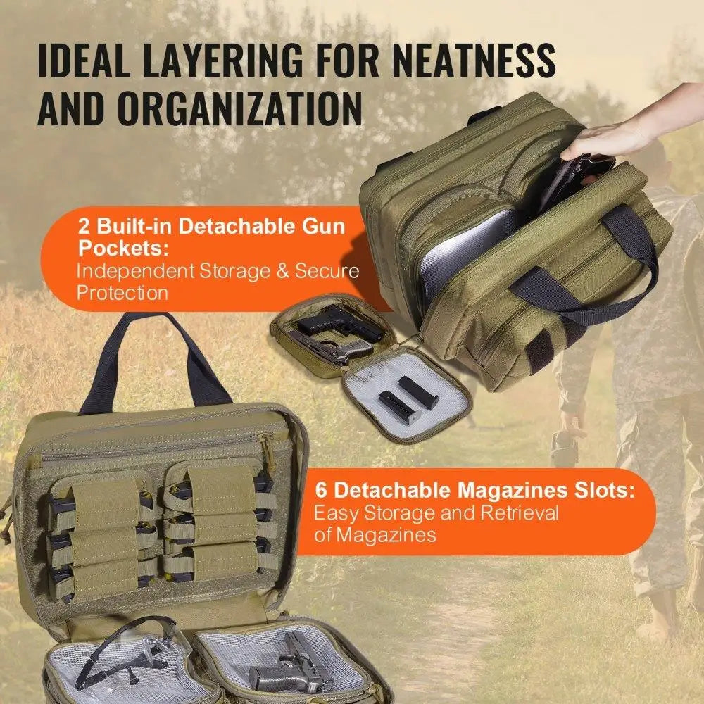 Tactical Bag for 2 Pistol Range Case with Pouches Brown Outdoor for shooting Lockable Zipper