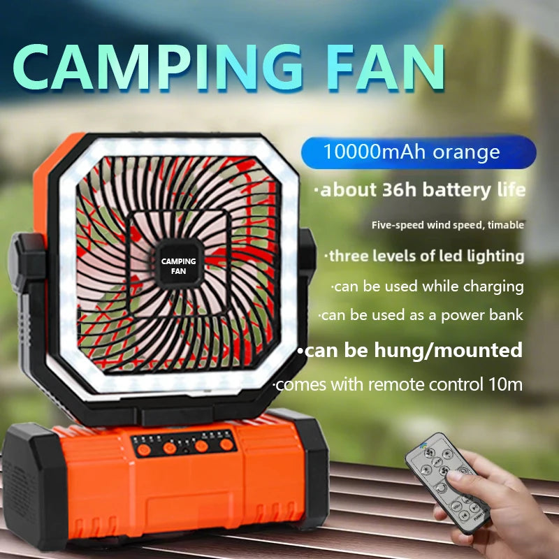 10000mAh Camping Fans Rechargeable Ceiling Fan Portable Battery Operated Fan with LED Light and Hook for Outdoor Tent Car Trip