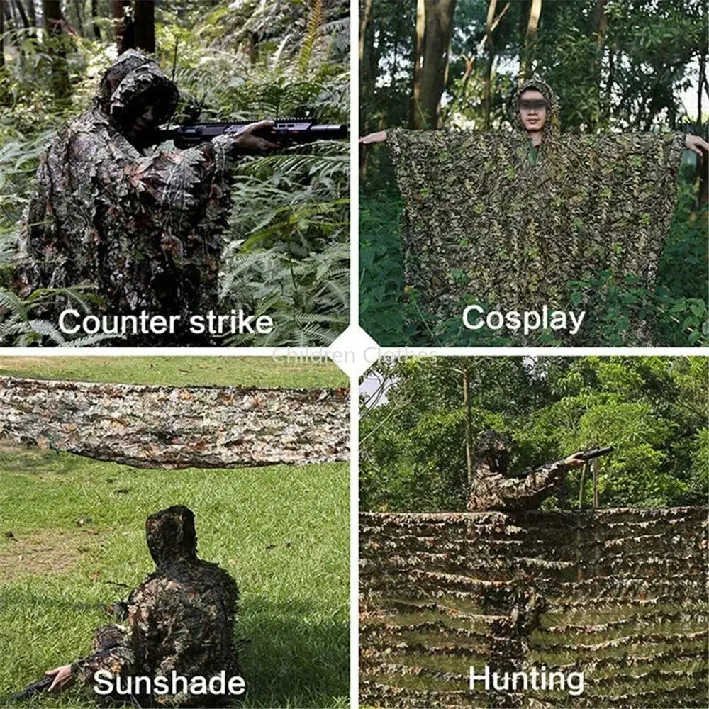 3D Maple Leaf Bionic Ghillie Suit Woodland Poncho Cloak Outdoor Clothes