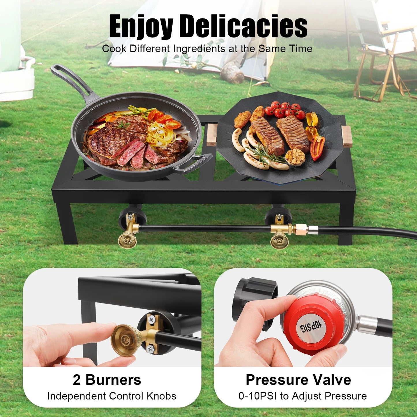 Portable Double Burner Outdoor Gas Stove Propane Cooker with Adjustable 0-10Psi Regulator Hose for Patio Camping, Home Brewing