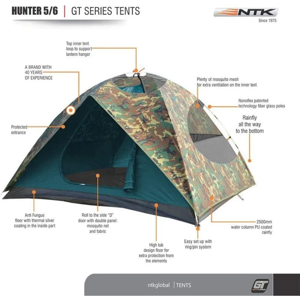Hunter GT 4/6/8 Outdoor Dome Woodland Camo Camping Tent 100% Waterproof 2500mm, Easy Assembly, Durable Fabric Full Coverage Rai