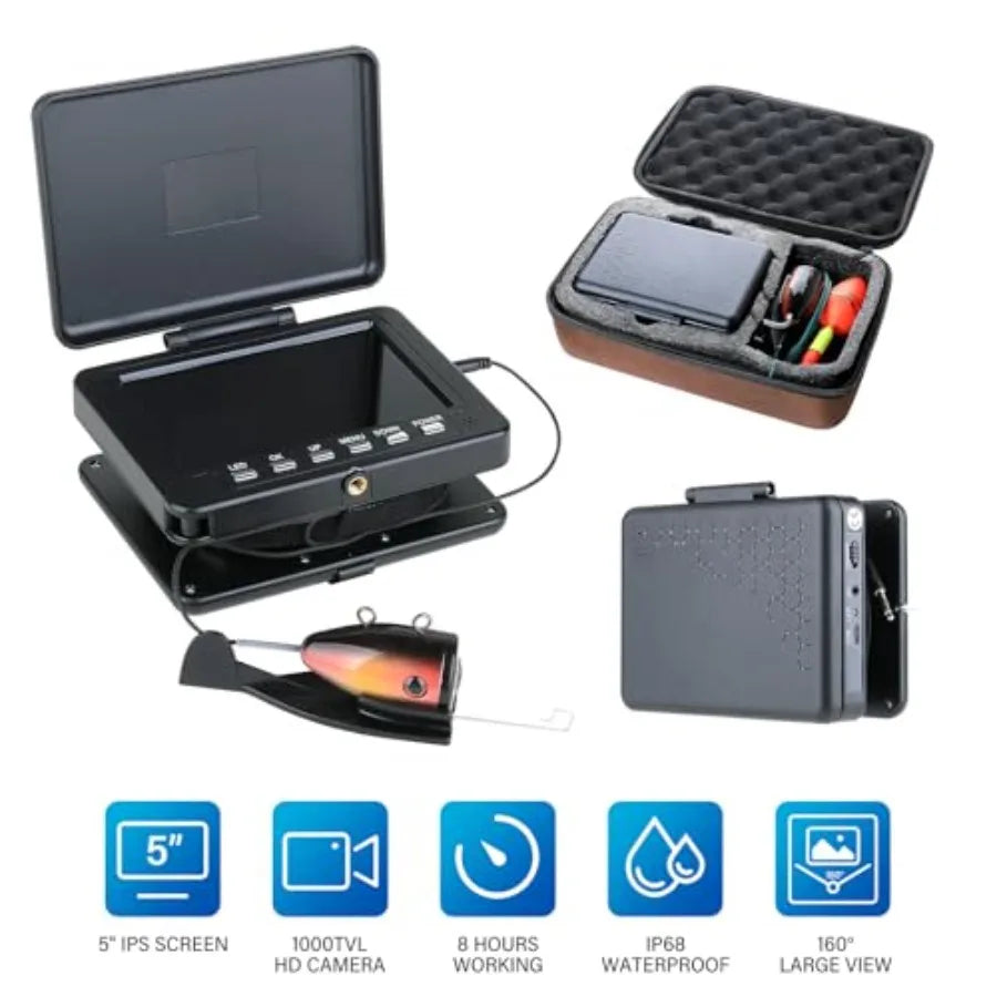 Underwater Fishing Camera with 5 LCD Monitor, Portable Fish Finder for Ice Fishing, Lake, Sea, Boat, Kayak Waterproof IP68, Bui