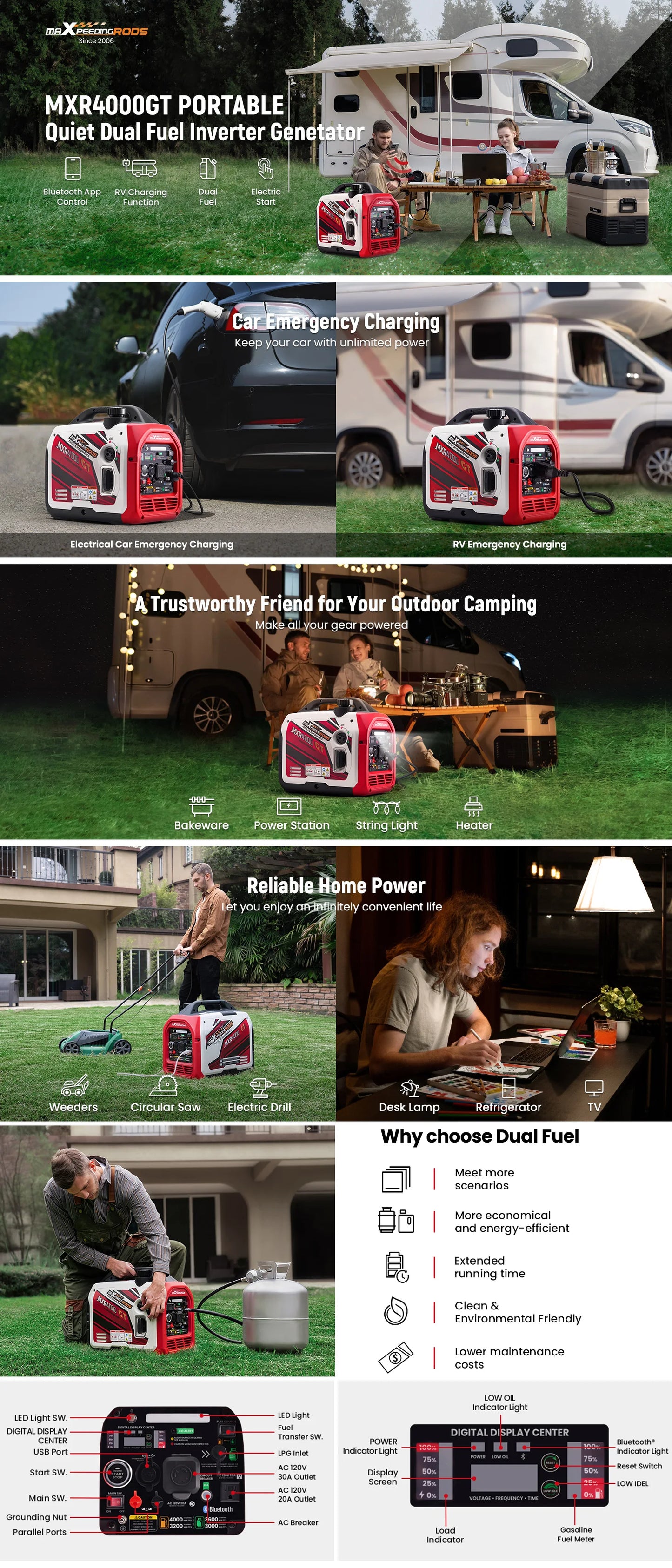 4KW Portable Dual Fuel Generator Inverter LPG/Gas Bluetooth E-Start 58dB Portable Power Generator