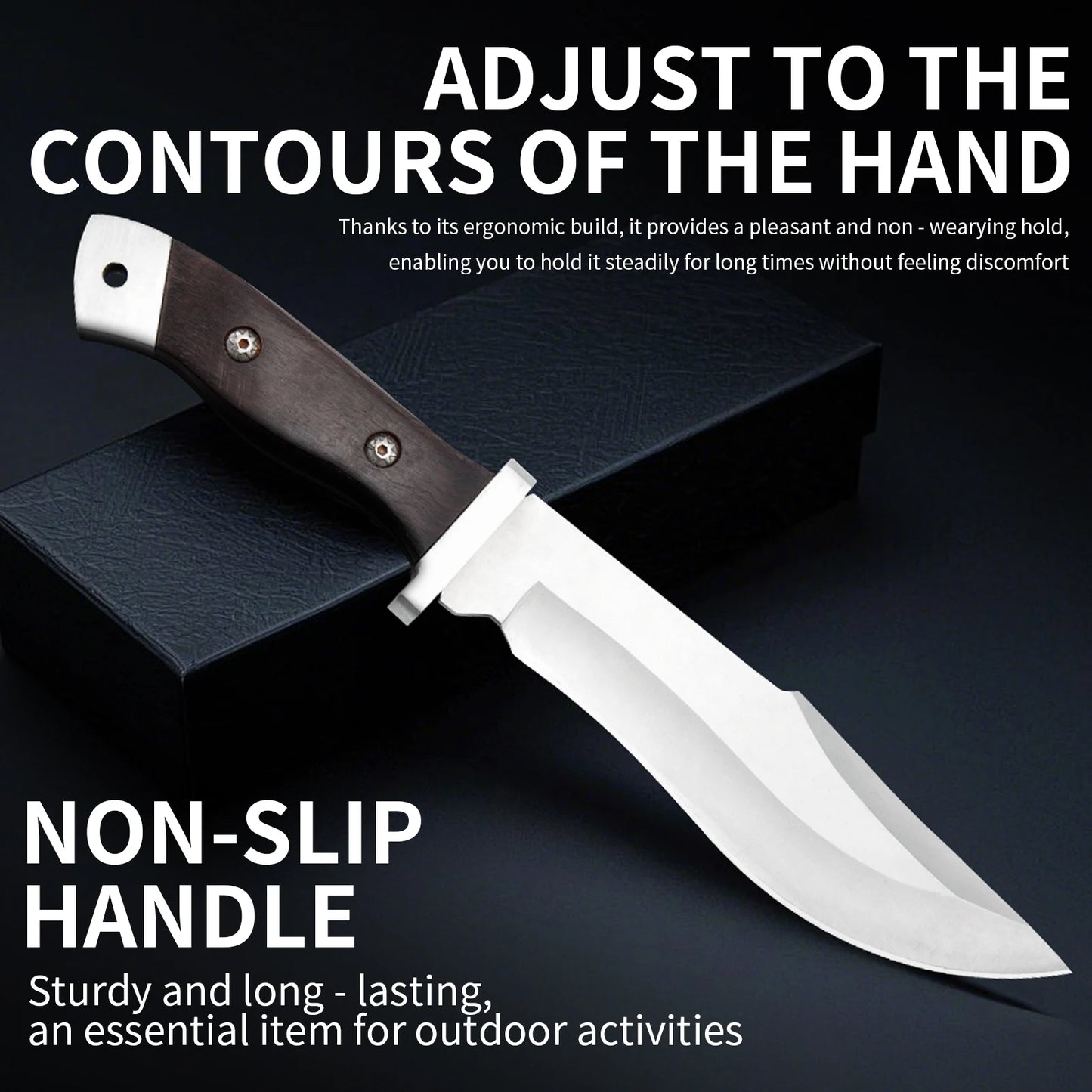 Stainless steel hunting knife with a wooden handle, paired with a black leather sheath, an essential tool for adventurers