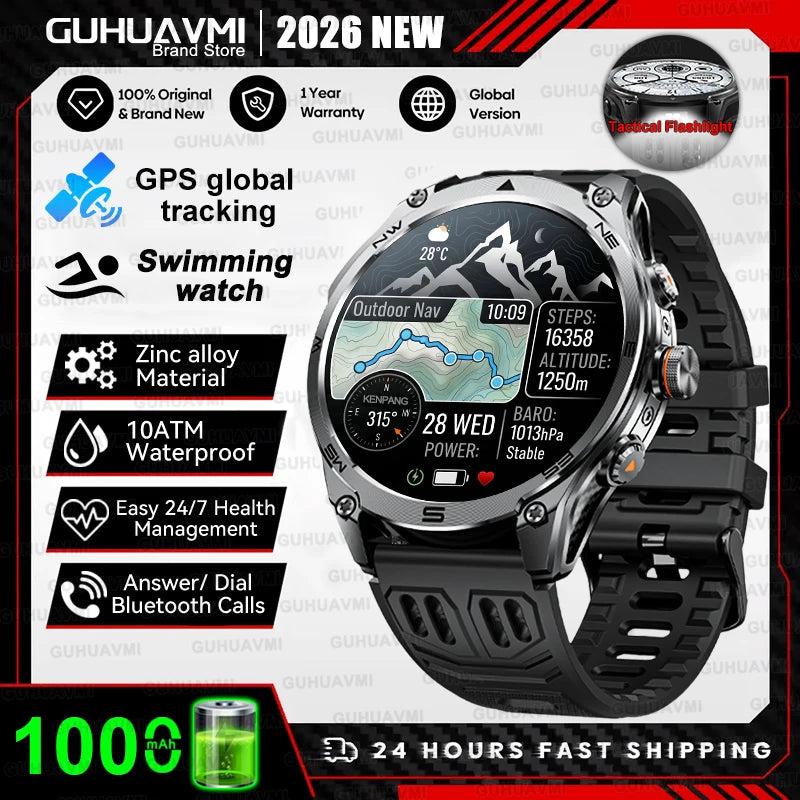 Military Grade Built‑in Map GPS Smart Watch 10ATM Waterproof 1000mAh 1.75" AMOLED Compass Altimeter BT Call Health Smart Watch