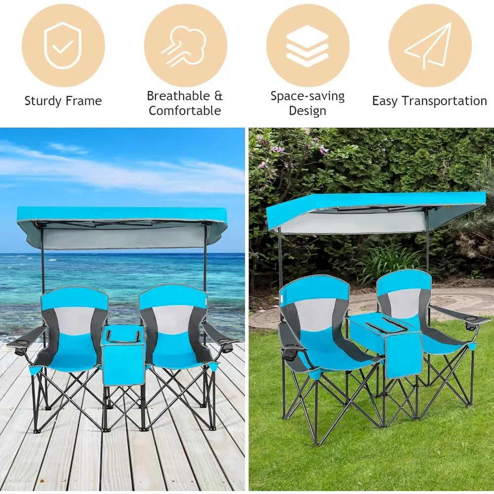 Double Camping Chair with Canopy, 2 Person Folding Beach Chair with Canopy Shade, Table Beverage Holder and Storage Bag, Double