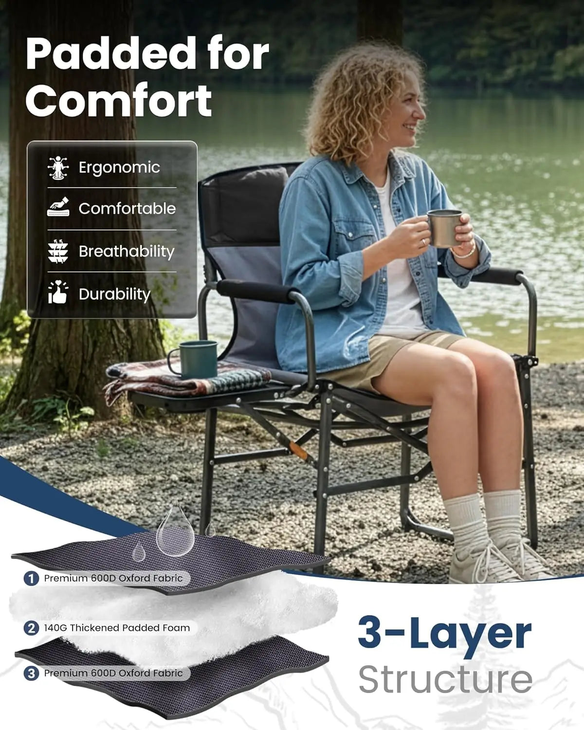 Heavy Duty 440lbs Folding Camping Chair with Side Table, Wide Seat & Anti-Sag Fabric, Easy Setup for Outdoor Lawn Fishing RV