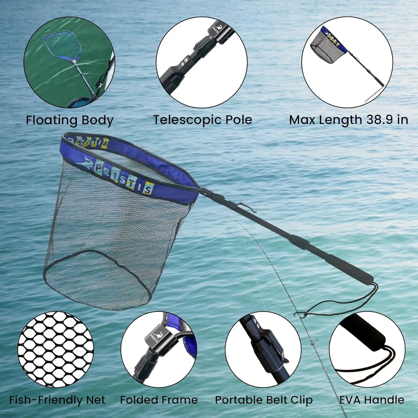 Lightweight Floating Fishing Net with Telescopic Pole, 20'' Deep, Rubber Coated, Foldable for Boat Kayak