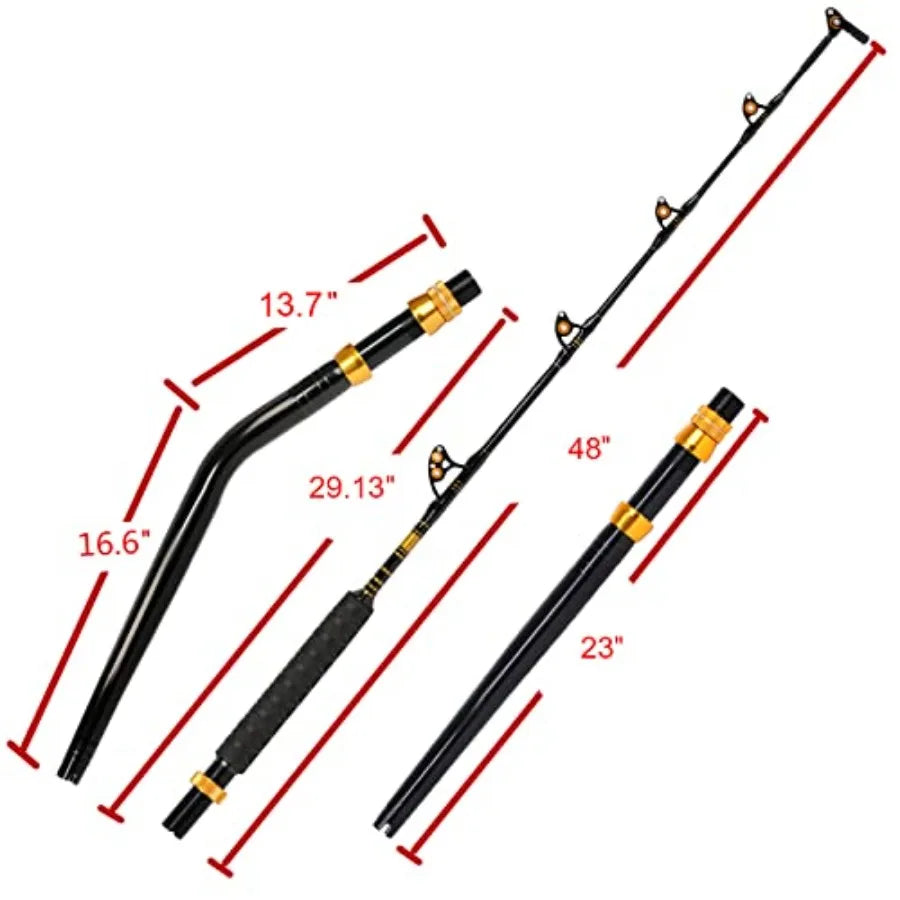 Saltwater offshore trolling application, graphite composite material, black color, 2-piece bent butt design for enhanced levera