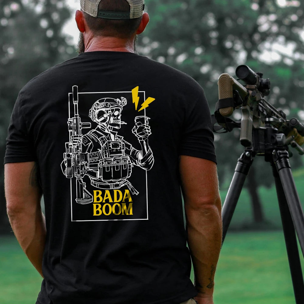 2025 New Military Style T Shirt Bada Boom Skull Round Neck Short Sleeve Tough Guy Clothing Summer Tactical Streetwear Top