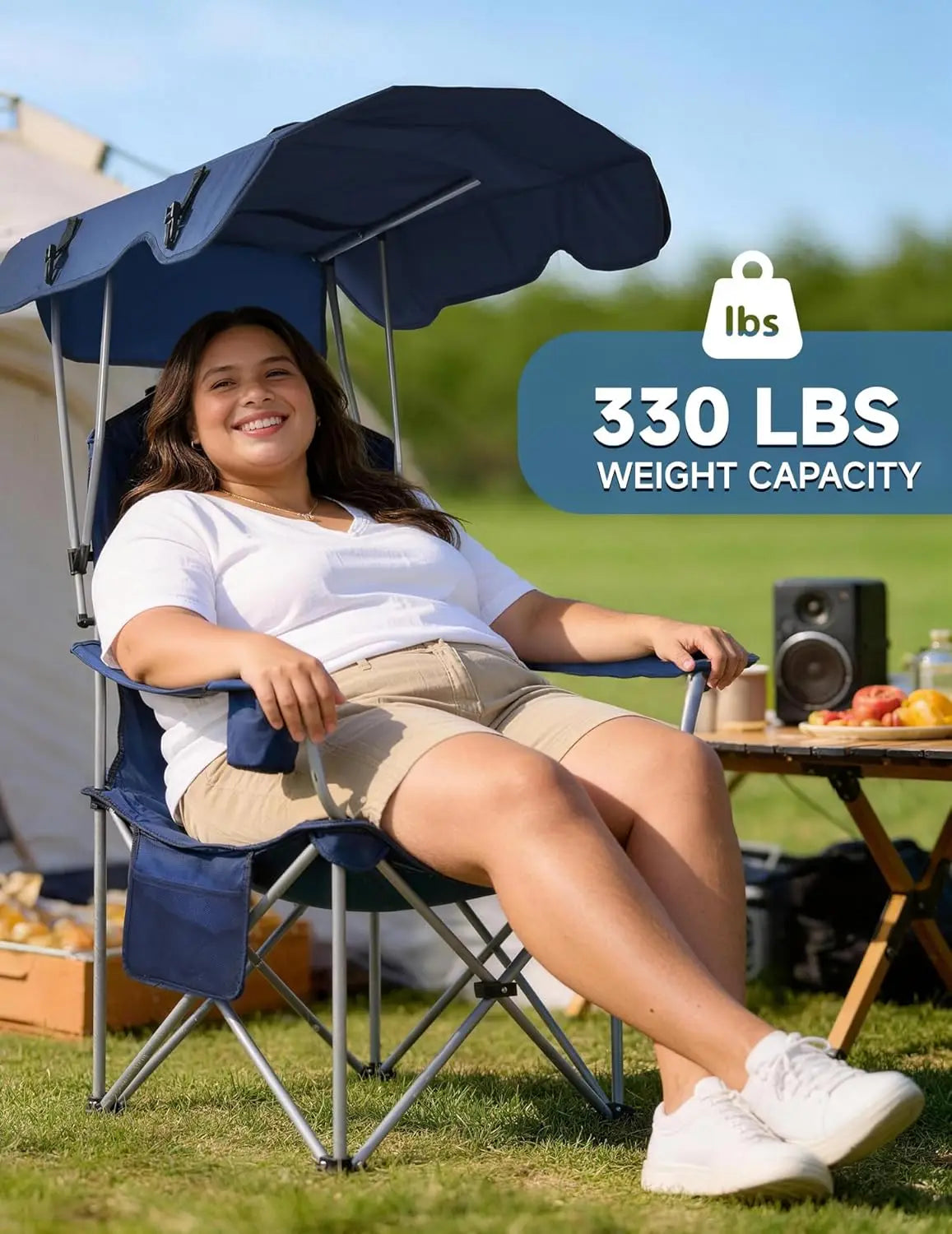 25" High Back Folding Beach Chair with Canopy Shade, Cup Holder, Side Pocket, 330 lbs Heavy Duty for Outdoors