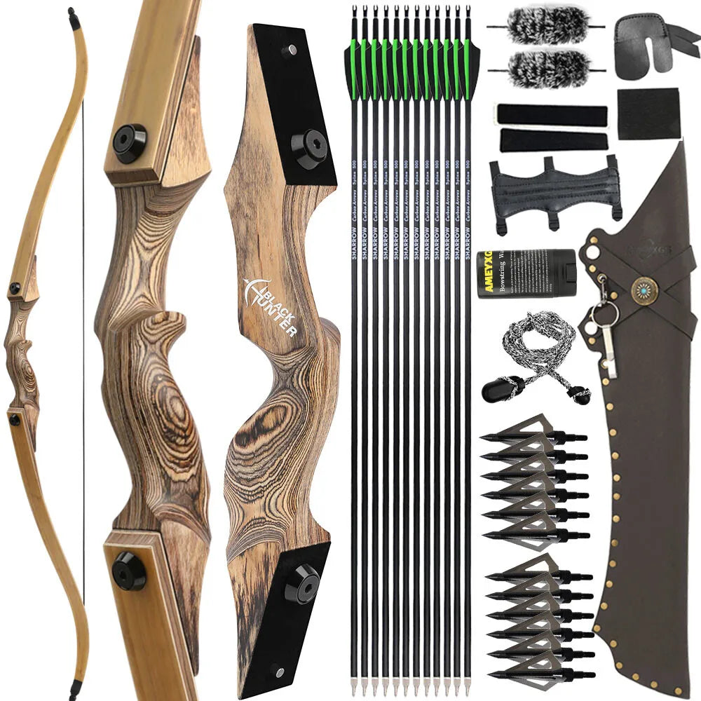 60 Inch Takedown Recurve Bow Arrow Kit 20-60Lbs Adjustable Draw Weight Wooden Riser Bamboo Core Laminated Limbs Right Hand Portable Archery Set for Adult Target Shooting and Light Outdoor Hunting Training Gear